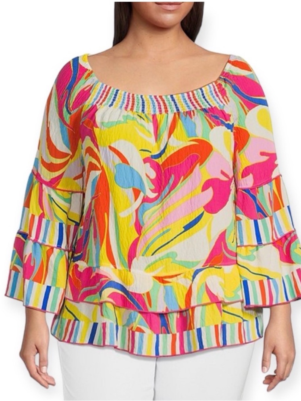 John Mark Abstract Wave Smocked Neck Tiered Bell Sleeve Blouse